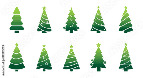 Collection of Green Christmas Trees with Decorations, Festive Holiday Icons