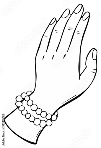 Woman's hand wearing pearl bracelets, line art illustration