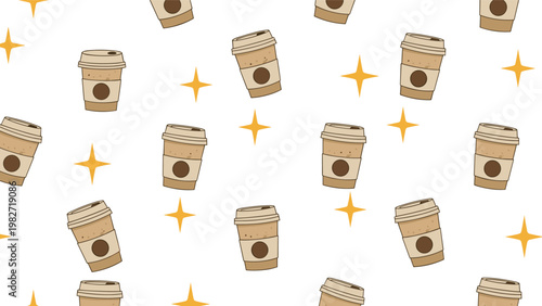 Playful repeating pattern showcases take away coffee cups with brown sleeves and bright yellow four point stars on a white field.