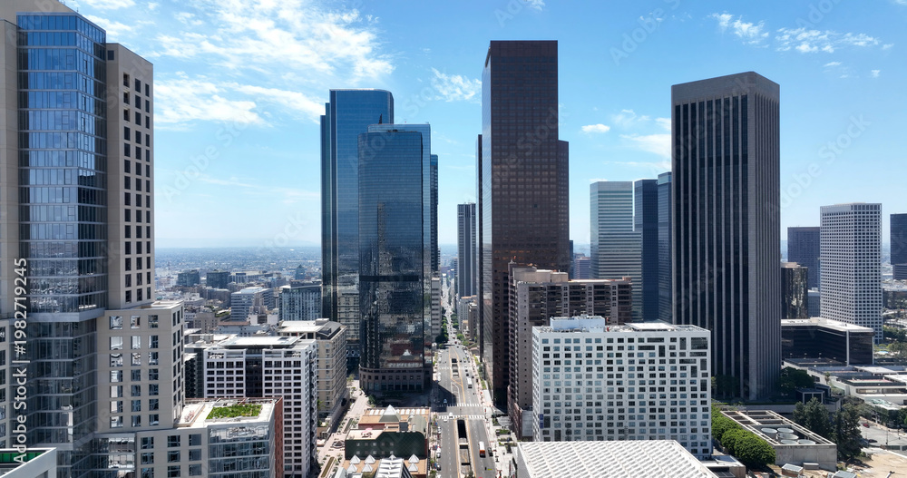 Fototapeta premium Los Angeles downtown business architecture towers. Los Angeles cityscape urban buildings modern. Los Angeles aerial drone panorama California. Los Angeles financial skyscrapers district.
