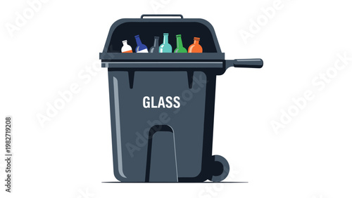 Recycling bin for glass displays a dark grey container with multiple colored glass bottles visible through the open lid.