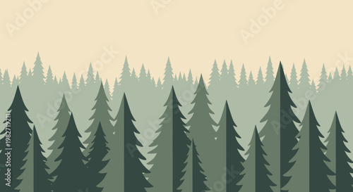 Abstract Forest Landscape with Evergreen Trees in Layers