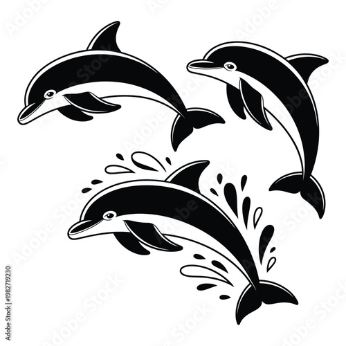 Playful pod of dolphins leaping out of the water in dynamic formation