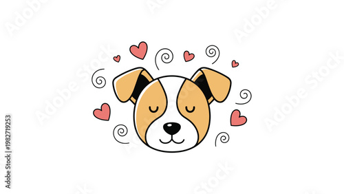 Peaceful sleeping dog illustration features a tan and white pup with closed eyes surrounded by pink hearts and swirls.