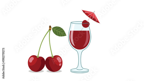 Cherry themed set includes a glass of red cherry cocktail with a garnish umbrella and two fresh cherries with a green leaf.