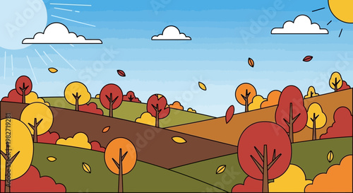 Autumn Landscape with Colorful Trees and Falling Leaves