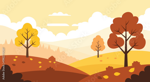 Autumn landscape with colorful trees, hills, and clouds in warm yellow and orange tones.