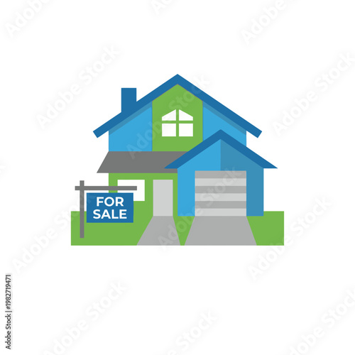 A colorful vector illustration of a house with a "FOR SALE" sign in the front yard, depicting real estate and property sales.