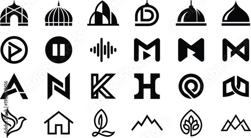 Collection of modern minimalist vector logos featuring architectural domes, media playback icons, geometric alphabet letters, and organic nature symbols for branding.