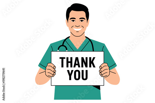 A smiling healthcare professional in green scrubs holding a thank you sign.