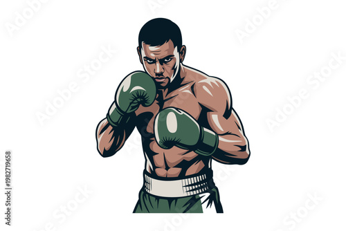 A muscular boxer with green gloves and trunks is ready to fight in a defensive stance.