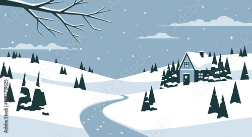 Cozy winter landscape with snow-covered house, pine trees, and winding river under snowfall