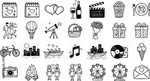 Romantic Doodle Icons: Love, Dates, Holidays, Activities, Gifts, Music  Celebration - Black and White Line Art