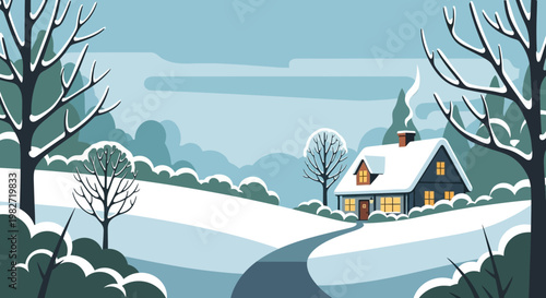 Cozy Winter Scene: Snow-Covered House with Smoke from Chimney, Snowy Landscape