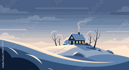 Cozy winter house on snowy hill with smoke from chimney, serene landscape at dusk