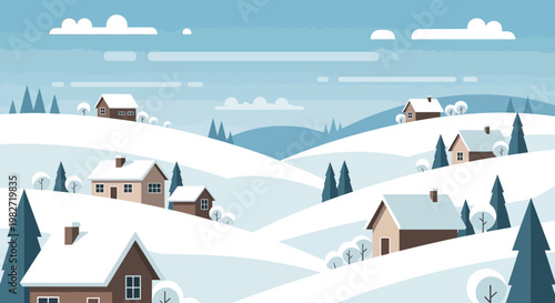 Cozy Winter Village Landscape with Snow-Covered Houses and Pine Trees