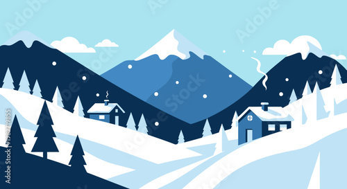 Cozy winter village nestled in snow-covered mountains with falling snowflakes