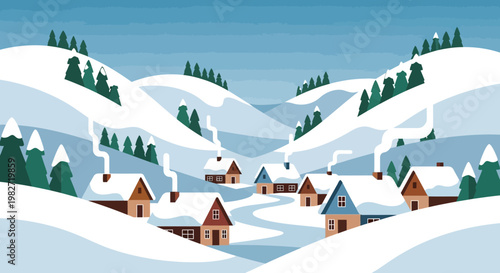 Cozy Winter Village Scene: Snow-Covered Houses, Smoke from Chimneys, Snowy Hills, Evergreen Trees