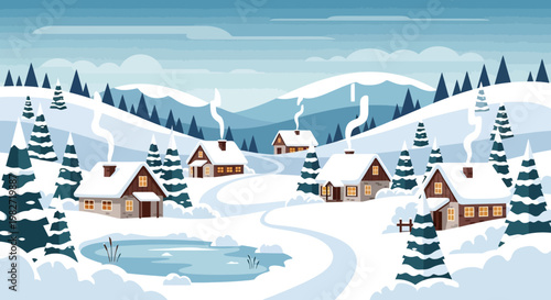 Cozy winter village scene with snow-covered houses, smoking chimneys, and frosted trees.