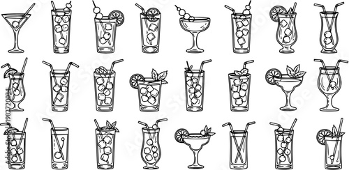 Black and White Line Art of Various Cocktails and Drinks in Glasses