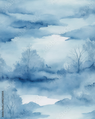 Serenity calm mystery depth harmony tranquility atmosphere diffusion softness fade drift blur glow shimmer color sky water fog tree branch landscape hill silhouette scene art