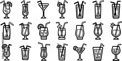 Black and white line art icons of various cocktails and drinks in glasses with straws