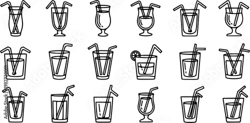 Black and White Line Art Icons of Various Drinks in Glasses with Straws, Food and Beverage Concept