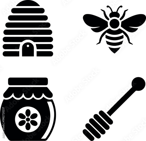 Beehive bee jar and dipper icons for honey packaging