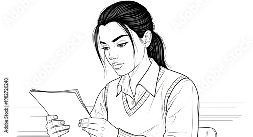 Young Woman Focused on Reading Document.