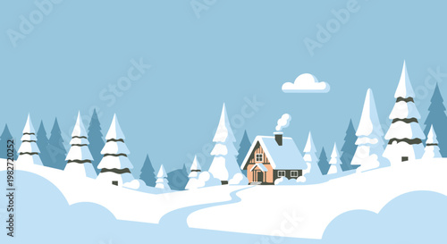 Cozy Winter Cabin in Snowy Forest Landscape, Smoke from Chimney, Serene Nature Scene