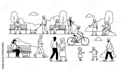 A minimalist vector illustration of people walking and socializing in a park