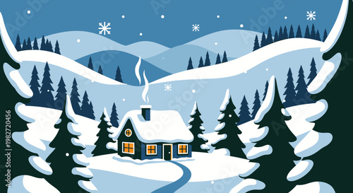 Cozy Winter Cabin in Snowy Landscape with Smoke from Chimney, Serene Forest Scene