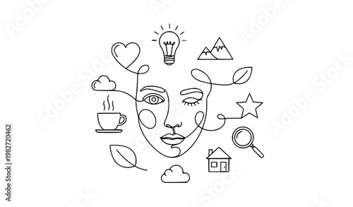 A minimalist line art illustration of a face with creative thought bubbles