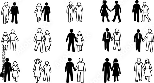 Diverse Couple Icons: Black and White Line Art Silhouettes Representing Relationships