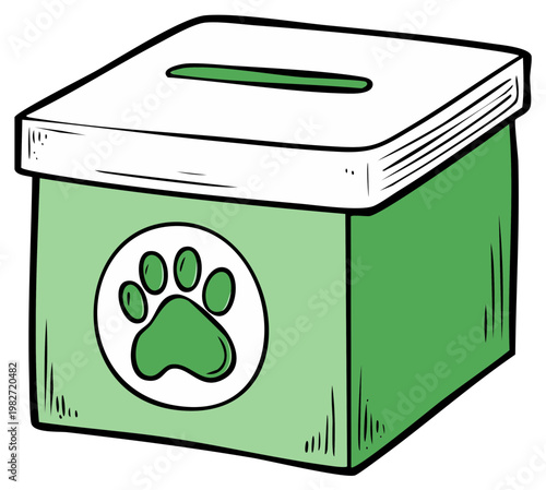 Green donation box illustration with animal paw print for charitable causes
