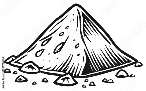 Black and white drawing of sandpile with stones in woodcut style illustration