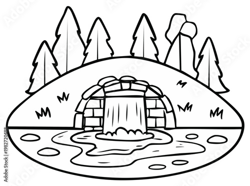Stylized black and white illustration of a stone bridge with a waterfall and evergreen trees