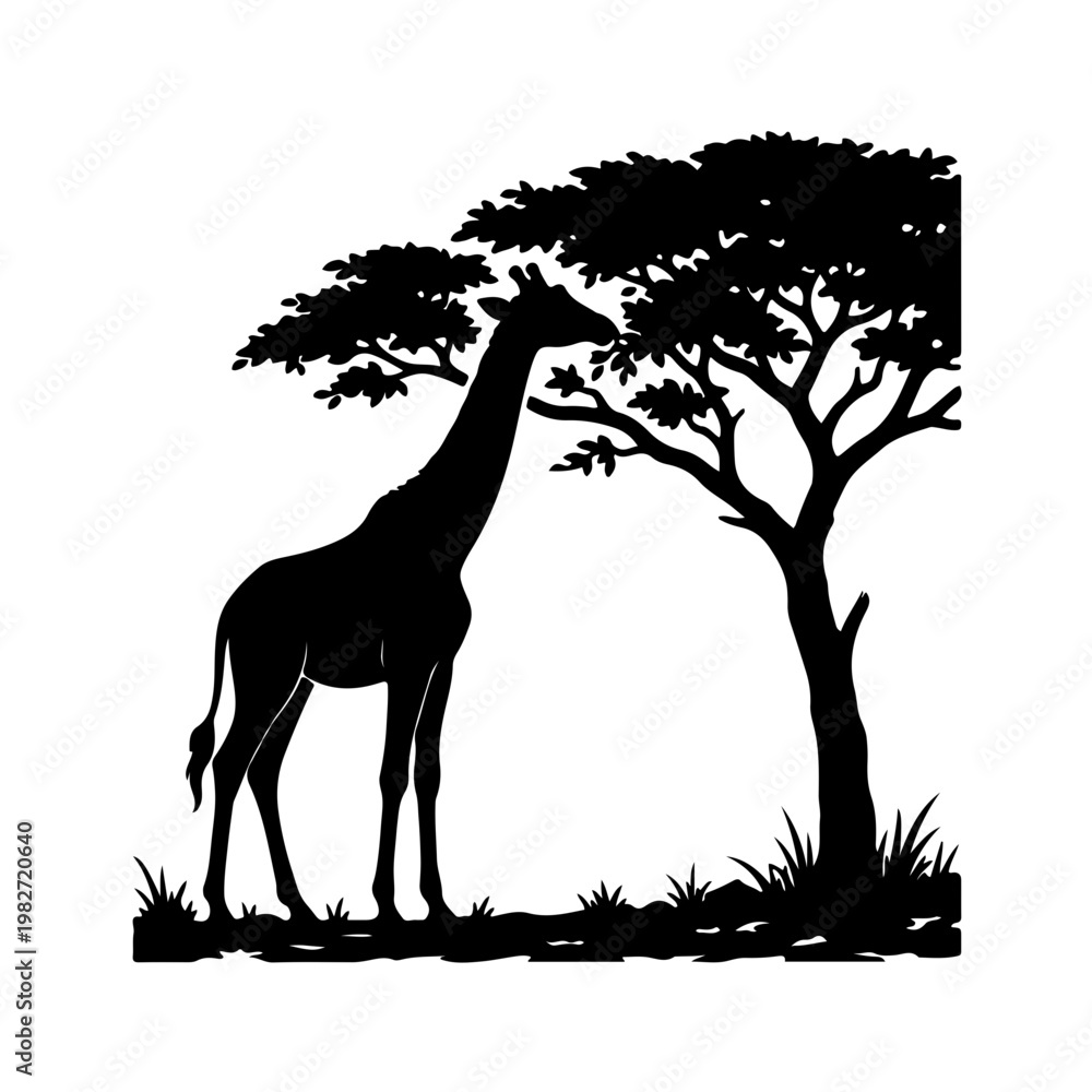 Fototapeta premium Minimalist Savanna Horizon Silhouette Icon Featuring Giraffe Feeding from Acacia Tree 