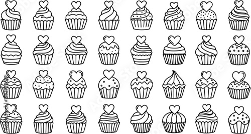 Black and White Line Art of Delicious Cupcakes with Hearts, Food Vector Illustration