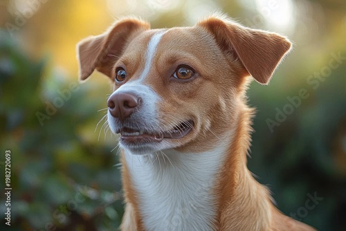 tan dog with white chest and perky ears standing outdoors in soft golden light, attentive and curious, blurred green foliage background