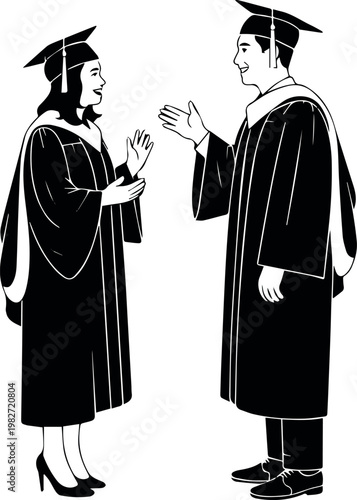 Two graduates talking at commencement ceremony