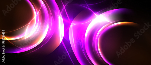 Abstract vibrant light curves, flowing shapes. Dark background emphasizes glowing energy, dynamic composition. Brightness creates visual impact.