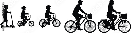 Vector silhouette collection of family members riding bicycles and scooter including kids and adults for outdoor summer activity isolated on white background for design