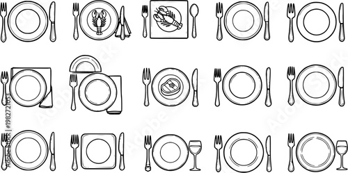 Black and White Line Art Icons of Elegant Dining Place Settings with Cutlery, Plates, and Food for Restaurant and Hospitality Industry Design