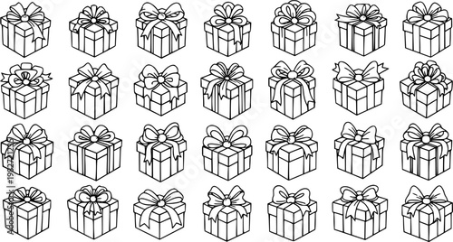 Black and White Line Art Gift Boxes Collection: Hand-Drawn Outline Doodle Icons of Presents with Ribbons and Bows for Holiday, Celebration, and Retail Gifting Themes Vector Set