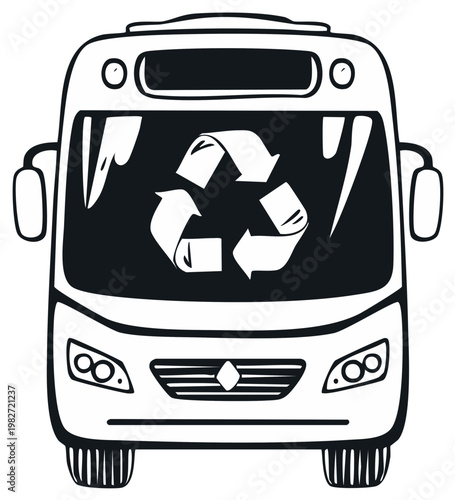Bus with recycling symbol on windshield. Eco-friendly transport initiative. Promote environmental consciousness with sustainable buses.