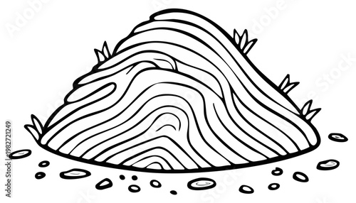Hand-drawn illustration of a large anthill with grass sprouts and surrounding pebbles