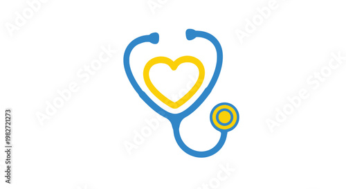 Vector illustration of a blue stethoscope graphic with a yellow heart representing medical care and Ukrainian solidarity.