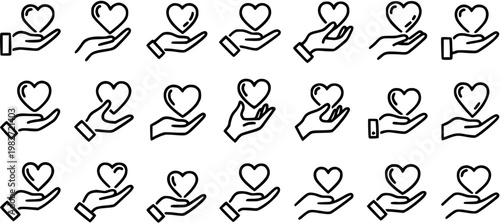 Line Art Hand Holding Heart Icons Set - Symbols of Love, Care, Empathy, and Support for Health, Charity, and Social Concepts