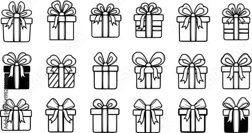 Black and White Line Art Gift Boxes Collection for Holidays and Celebrations. Hand-drawn outline presents with bows, perfect for festive shopping.